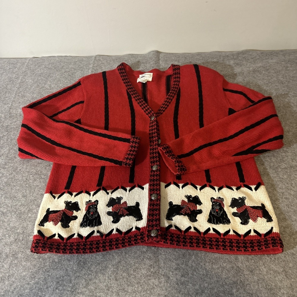 Vtg 90s Christopher Banks Scottish Terrier Cardigan Med Red Black HandEmbroiderd